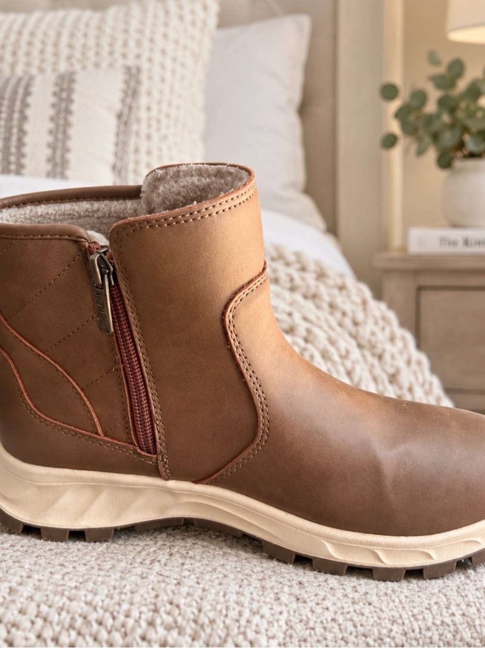 Khombu Brown Faux-Leather Lined Ankle Booties with Side Zip